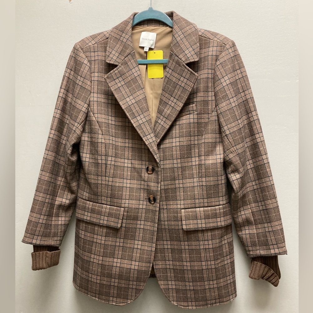 Favorite Daughter Women’s City Blazer In Browns And Tan Plaid /Tan Cuff Sz L